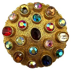 Vintage Arthur Pepper Art Multicolor Glass Rhinestone Crystal Round Brooch Pin
